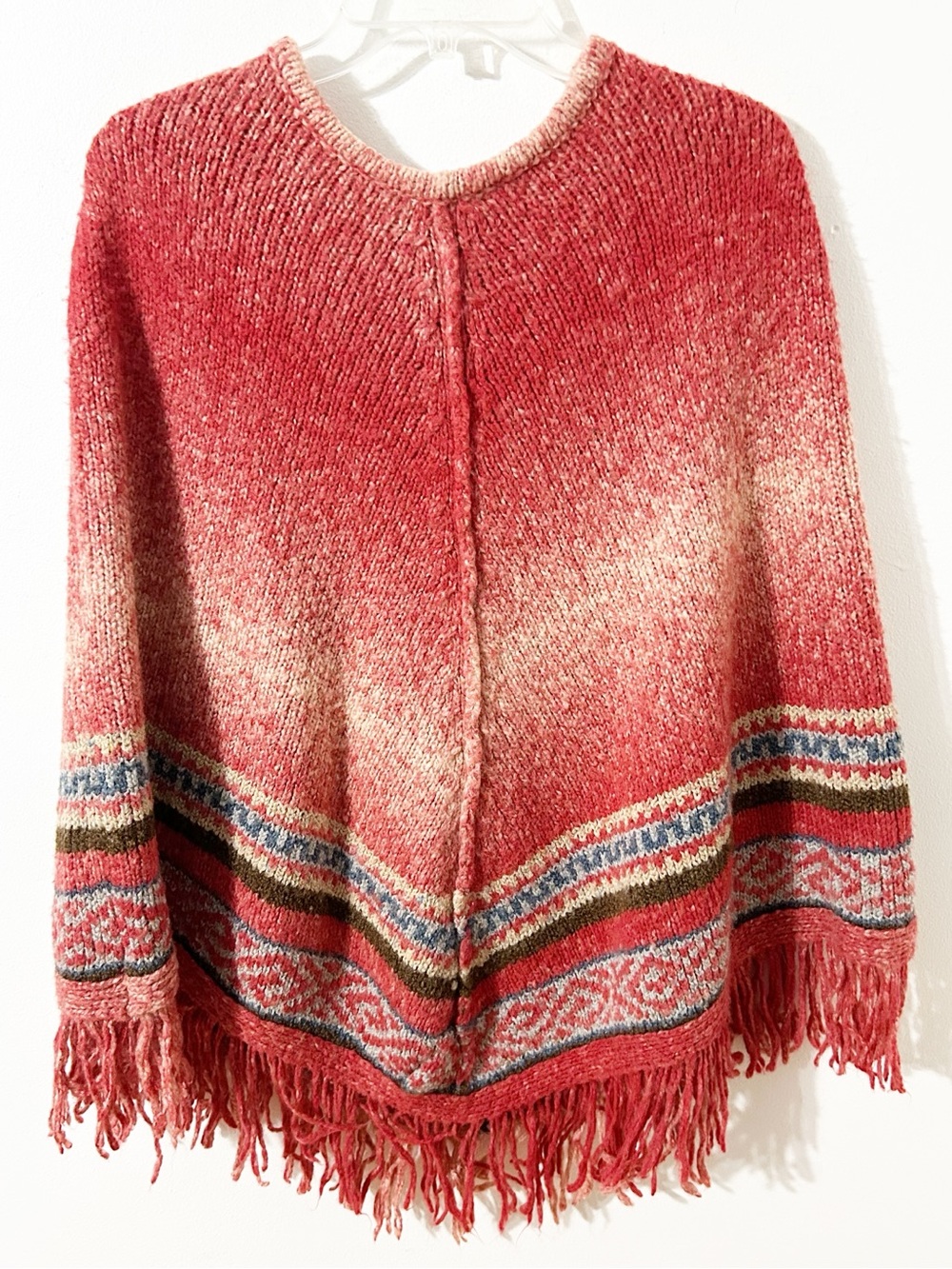 Vintage Knit Fringe Poncho Sweater Medium Fair Isle Boho Pink Red Wool Blend